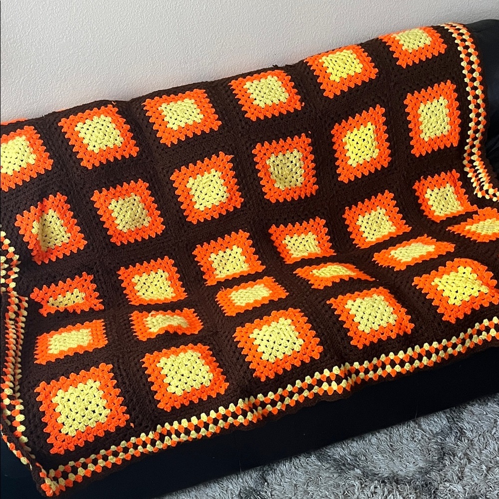 Granny Square Boho Crochet Blanket Country Cabin Farmhouse Rustic Cottagecore